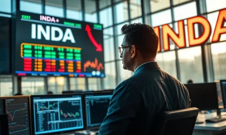 Financial analyst in Mumbai monitors INDA ETF data showing significant capital outflows on trading screens.