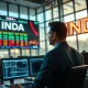 Financial analyst in Mumbai monitors INDA ETF data showing significant capital outflows on trading screens.