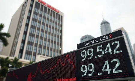 Bank Indonesia headquarters with rising oil prices threatening monetary policy easing plans.
