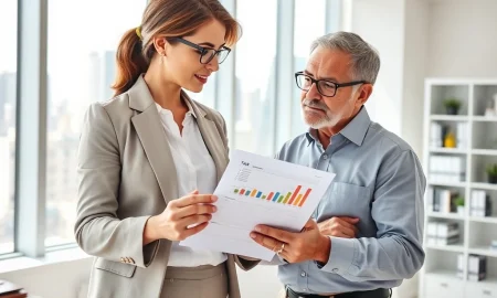 Financial advisor discusses after-tax investment outcomes and tax optimization strategies with client in professional office setting