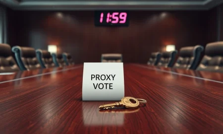 IPF takeover voting day crisis symbolized by a proxy ballot and key on a boardroom table.