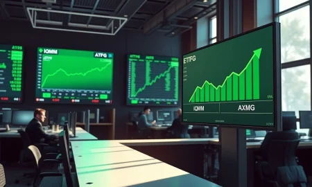 Financial trading floor monitoring IQMM and AXPG ETF surge with green upward charts on digital displays