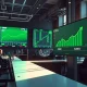 Financial trading floor monitoring IQMM and AXPG ETF surge with green upward charts on digital displays