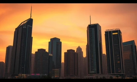 A city skyline representing the international financial institutions threatened by Iran's recent statement.