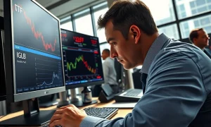 Professional bond trader analyzing iShares 10+ Year Investment Grade Corporate Bond ETF (IGLB) data on financial trading screens