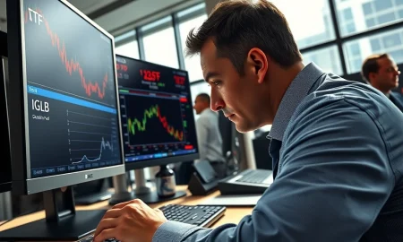 Professional bond trader analyzing iShares 10+ Year Investment Grade Corporate Bond ETF (IGLB) data on financial trading screens