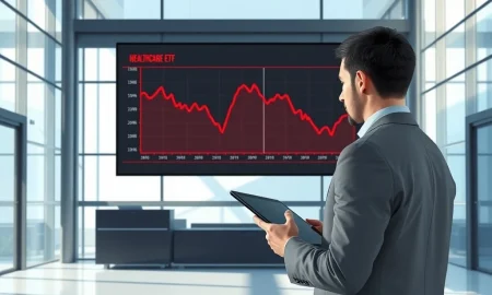 Analyst monitoring a significant drop in the iShares Global Healthcare ETF (IXJ) chart on a trading floor monitor.
