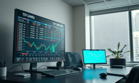 A trading desk monitor showing ETF and stock market data charts.