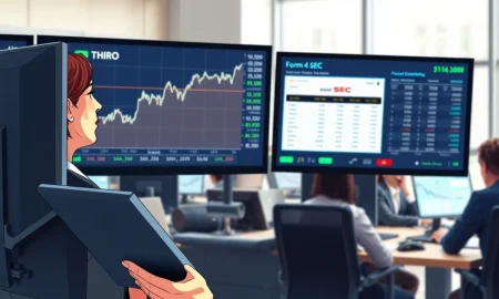 Financial analyst reviews iShares U.S. Thematic Rotation Active ETF (THRO) insider buying data and stock charts in a newsroom.