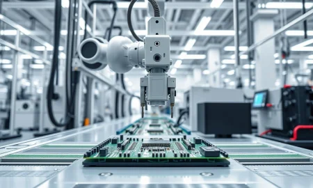 Jabil JBL stock analysis showing advanced electronics manufacturing in a clean room facility.