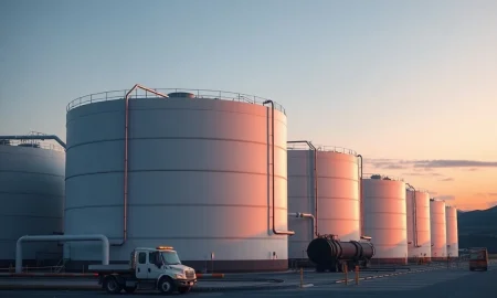 Strategic oil storage tanks at a facility following the Japan and Germany oil reserves release announcement.