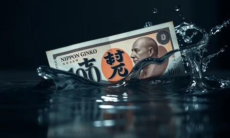 Japanese Yen banknote struggling in turbulent water, symbolizing BoJ policy uncertainty and market volatility.