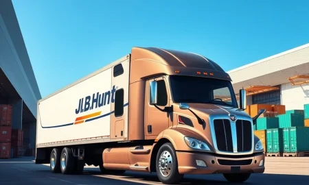 J.B. Hunt Transport Services truck at a logistics hub, representing the company reaching its analyst stock price target.
