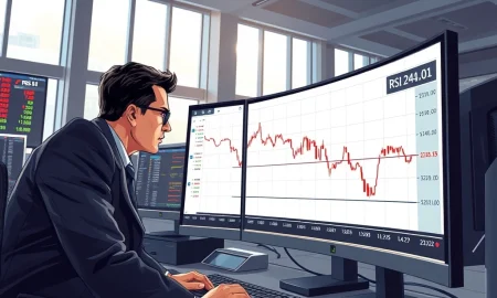 Financial analyst examining JBT Marel stock chart showing oversold RSI indicator of 27.8