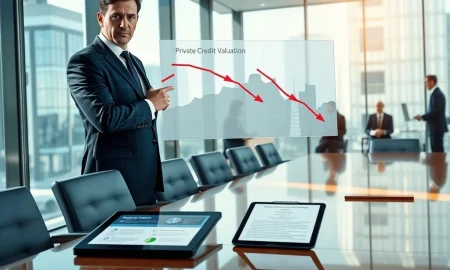 Financial analyst reviews JPMorgan private credit portfolio devaluation data on screen in New York boardroom.