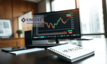 Analyst's desk showing a stock chart for Kingdee International Software Group with a downward price trend.