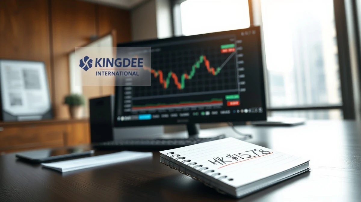 Analyst's desk showing a stock chart for Kingdee International Software Group with a downward price trend.