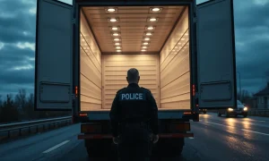 Police officer investigating an empty truck after a 12-ton KitKat chocolate heist in Europe.