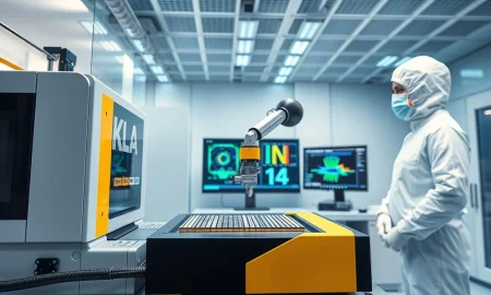 KLA Corporation semiconductor inspection system in a cleanroom, representing advanced packaging growth and AI demand driving KLAC stock performance.