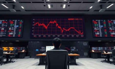 Trading floor display shows South Korea's KOSPI index falling 1.20% amid mixed Asian markets.