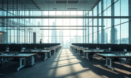 Empty corporate office reflecting KPMG UK job cuts and economic slowdown.