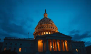 U.S. Capitol building at dusk, representing legislative action on defense and democracy.