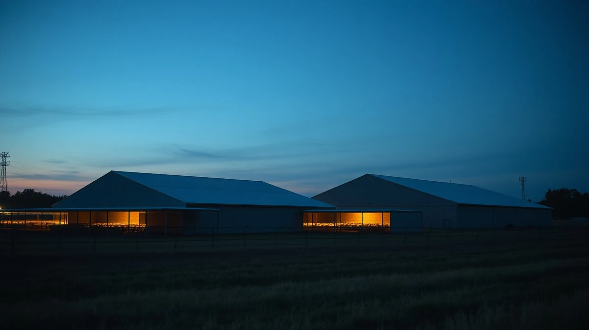 A modern hog farming facility at dusk, representing the livestock commodity market.