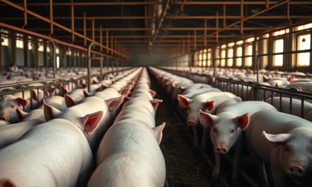 Modern hog farming operation with livestock in pens under morning light.