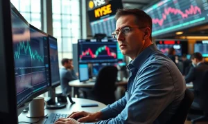 Trader monitors declining lean hog futures prices on Chicago trading floor during market drop