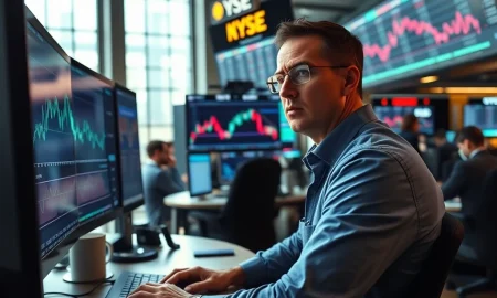 Trader monitors declining lean hog futures prices on Chicago trading floor during market drop