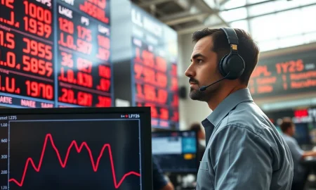 Trader monitors falling lean hog futures prices on exchange board during USDA market report.