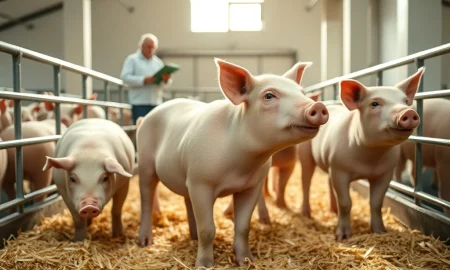 Market-weight hogs in a commercial facility as lean hog futures trade higher.