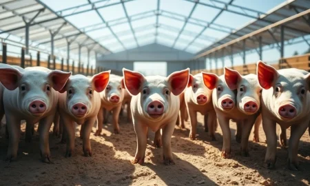Market-weight hogs in a pen representing the lean hog futures commodity market.