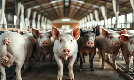 Market-weight hogs in a modern facility during the March 2026 lean hog futures rally.