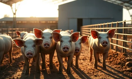 Lean hog futures market strength shown through a modern hog farming operation in March 2026.
