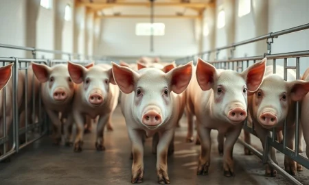 Modern hog farming operation during midday trading as lean hog futures rise