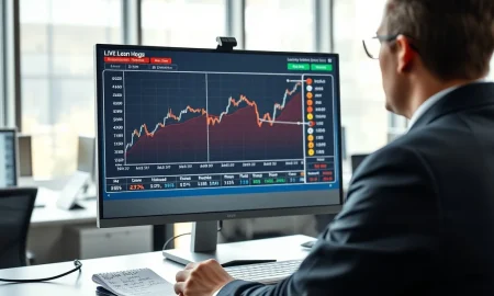 Trader analyzes lean hog futures chart and USDA price data on a professional commodities trading desk.