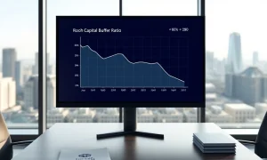 Legal & General capital buffer dashboard showing declining financial ratio graph in a professional London office setting.