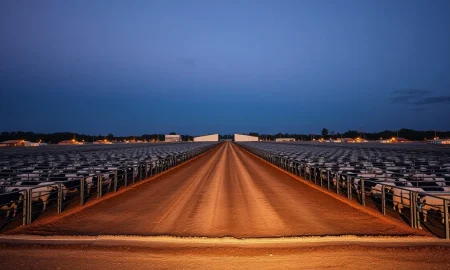 Aerial view of a cattle feedlot representing the livestock market discussed in the article.