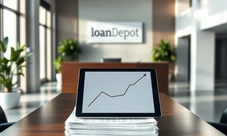loanDepot Q4 earnings report showing financial documents and a performance graph in a corporate setting.