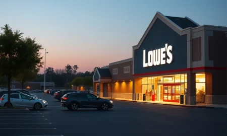Lowe's Companies storefront during evening hours as stock enters oversold territory.