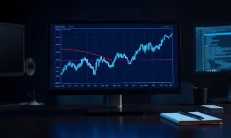 LOW stock chart crossing below its 200-day moving average on a financial terminal, signaling a critical technical analysis event.