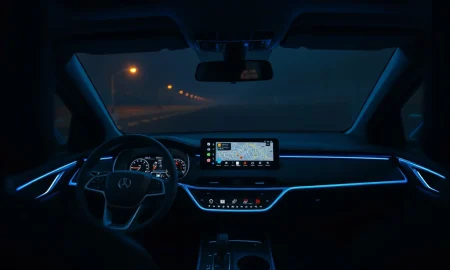 Lucid Gravity SUV dashboard showing Apple CarPlay interface on central touchscreen during software update rollout.