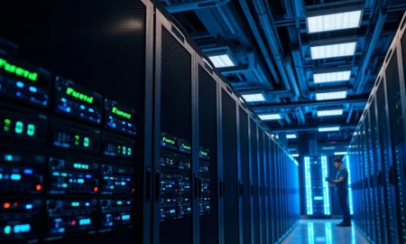 Inside a modern data center showing Lumen Technologies' network infrastructure and server racks.