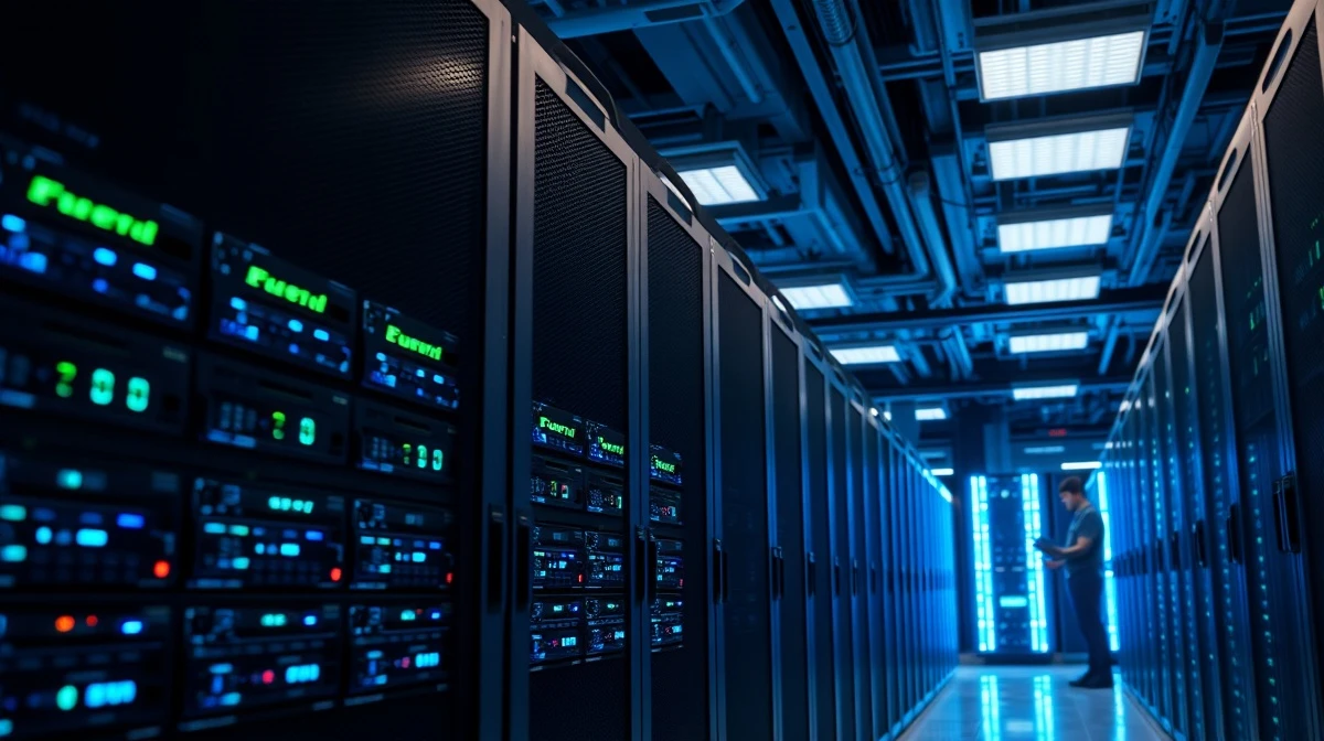 Inside a modern data center showing Lumen Technologies' network infrastructure and server racks.