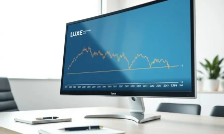LUXE stock chart showing a break below the 200-day moving average on a trading desk monitor.