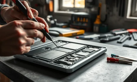 MacBook Neo open on repair bench during iFixit teardown analysis.