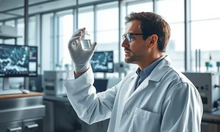 Scientist in a biotech lab analyzing a sample, representing MacroGenics research and development.