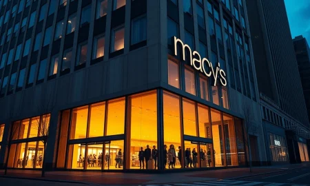 Exterior of a Macy's department store at dusk, reflecting its Q4 earnings report.