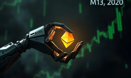 Robotic arm securing an Ethereum gem during the MakerDAO Black Thursday DeFi crisis.